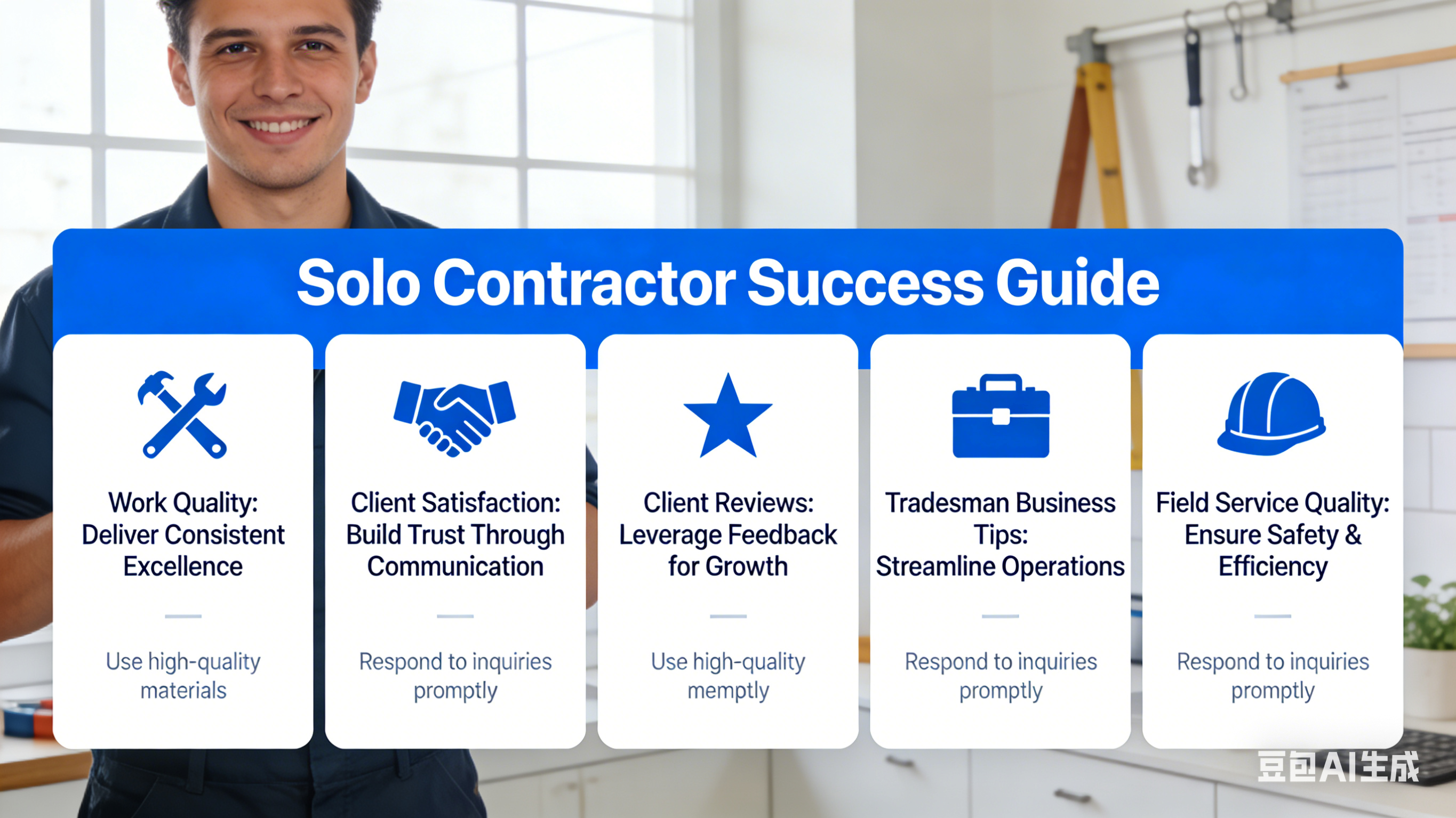 solo contractor tips, work quality, client satisfaction, client reviews, tradesman business tips, field service quality